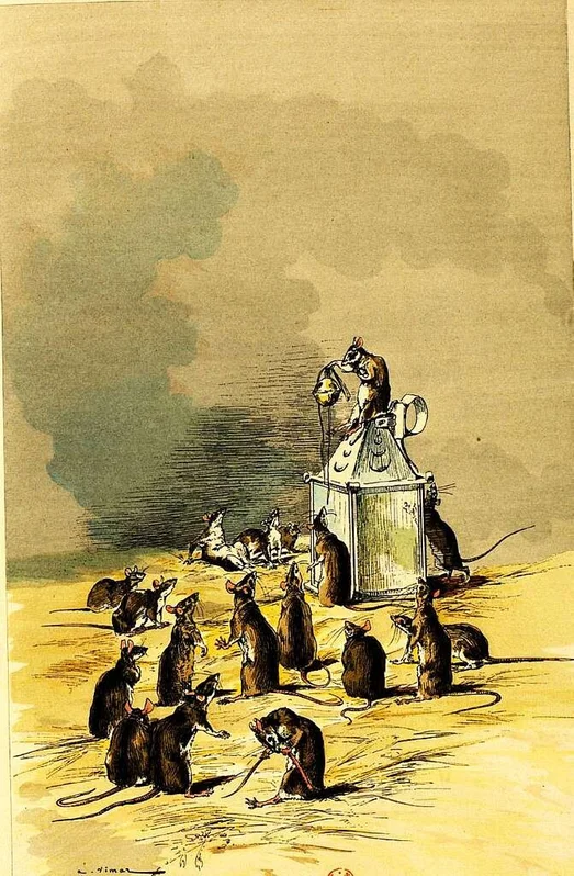 Illustration de la fable de La Fontaine du "Conseil tenu par les rats" Par Auguste Vimar.